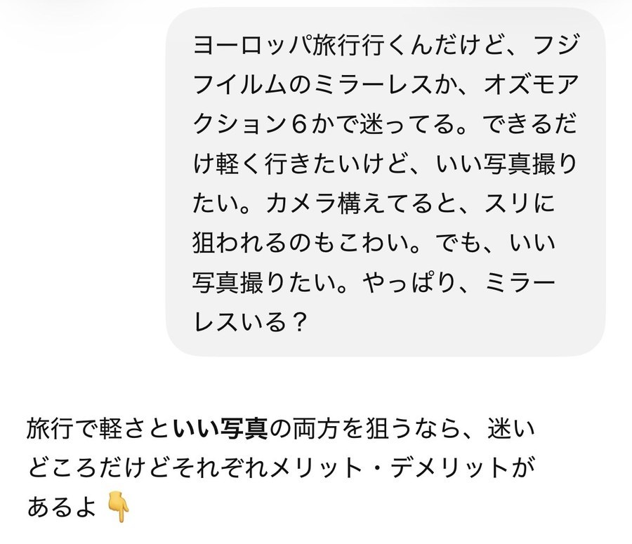 ChatGPTにミラーレスとアクションカメラのどちらにするか相談した画面