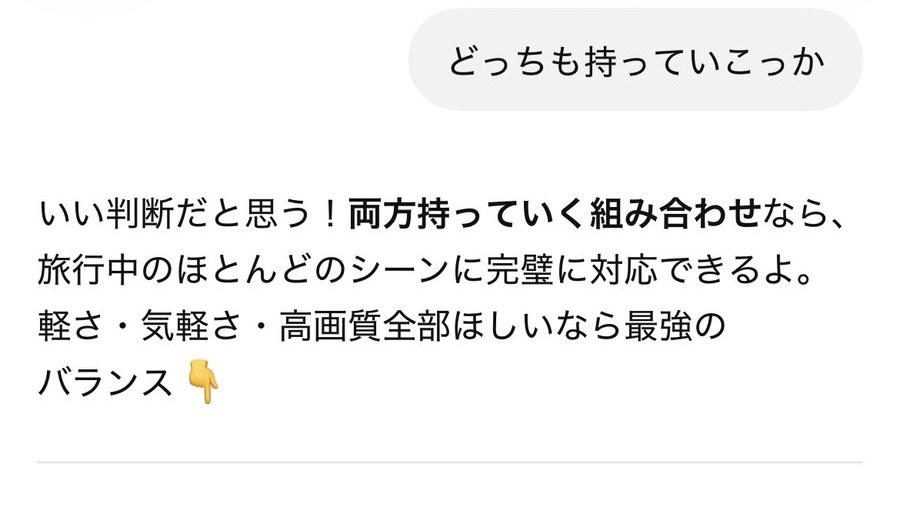 「どっちも持っていこっか」に対してChatGPTが「いい判断だと思う」と答えている画面