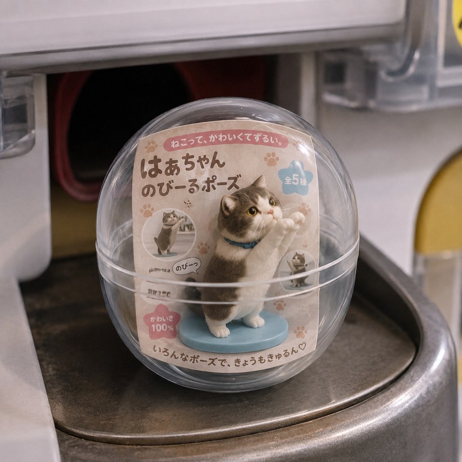 今日AIが生成したガチャポン風カプセルトイの画像。台紙の日本語がすべて正しく読める