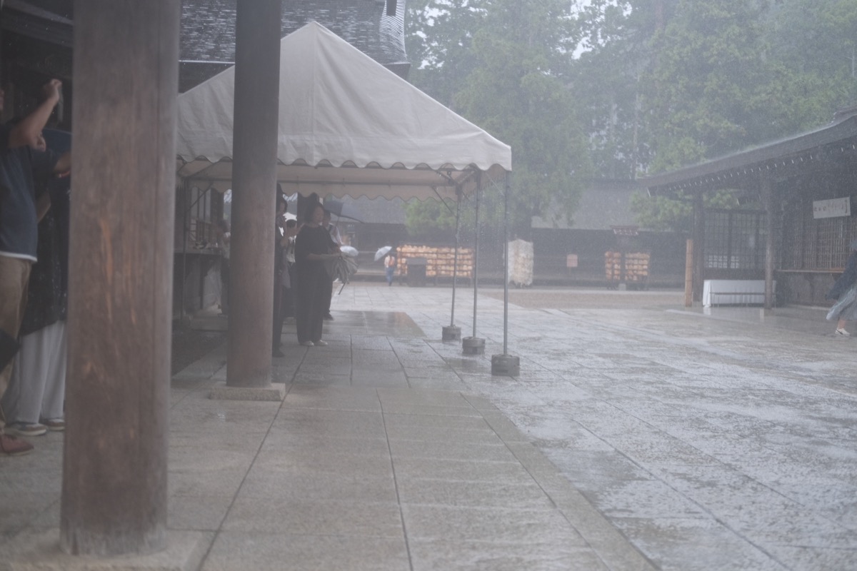 激しい雨の境内。白いテントの下に参拝者が集まり、石畳は一面が濡れている