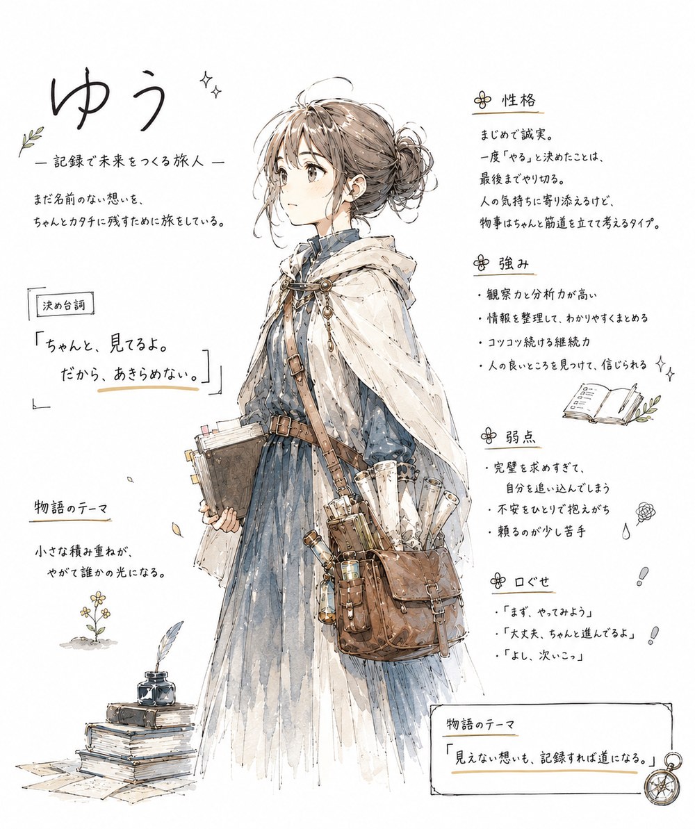 ChatGPTが描いたキャラクター紹介の1枚。水彩画で、性格・強み・弱点・口ぐせが日本語で書かれている